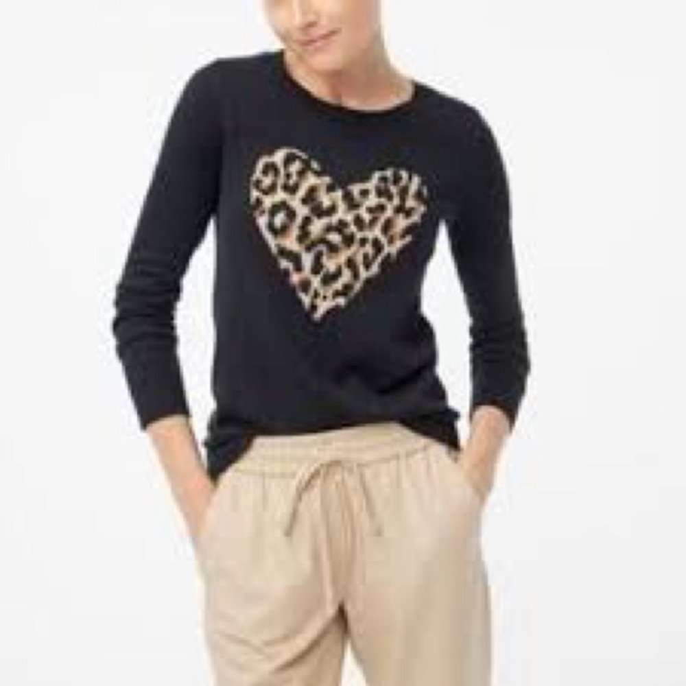 NWT. J. Crew, Smal, Black Sweater w/ Leopard Heart, Teddie style